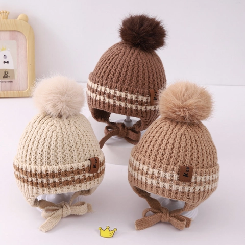 Gorro De Punto De Invierno Para Niños Con Orejeras Cálido Resistente Al Viento Pompon Para Niños Niñas Gorro Rayado Protección Orejas