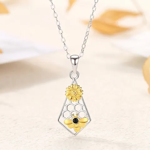 925 Sterling Zilver Honingbij Zonnebloem Honingraat Hanger Ketting Goud Zilver Tweekleurig Zirconia Natuur Sieraden Dames Cadeau