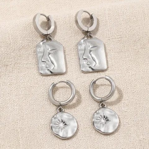 Edelstahl Gesichtsrelief Sonne Stern Ohrhänger Für Damen Gold Silber Plattiert Geometrische Tropfenohrringe Modeschmuck