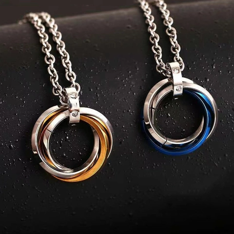 Dreifach Ineinandergreifender Ring Anhänger Halskette Edelstahl Zirkonia Hip Hop Stil Für Damen Herren