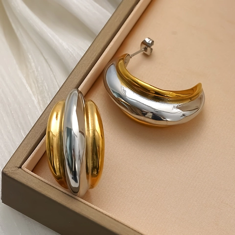 Orecchini A Cerchio A Forma Di C Placcati Oro 18K Acciaio Inossidabile 304 Bicolore Lisci Larghi Da Donna Trendy Minimalisti