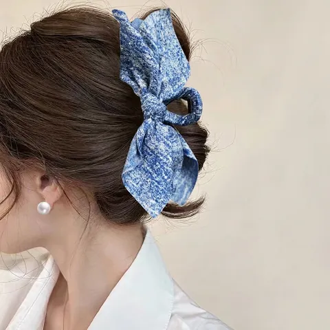 Pinza De Pelo Con Lazo Grande Tela Vaquera Brillante Accesorio De Moda Para Mujer