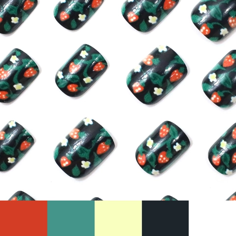 Zwarte Korte Vierkante Press On Nagels Met Aardbei En Bloem Ontwerp ABS Kunststof Kunstnagels Voor Vrouwen