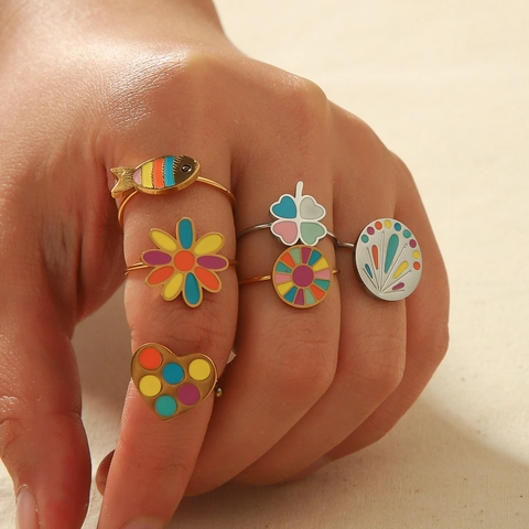 Bohemian Titanium Steel Enamel Adjustable Open Ring For Women Vintage Heart Clover Flower Fish Colorful Jewelry Gift
