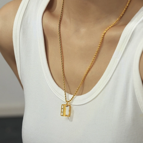 Minimalistische Halskette Mit Rechteckigem Zirkonia Anhänger Titanstahl Kupfer Gold Seilkette Geometrischer Chic Schmuck