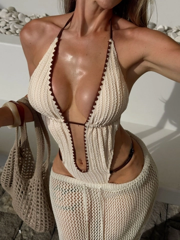 Dames Gehaakt Badpak Uit Eén Stuk Halternek Diepe V-Hals Boheems Gebreid Monokini Getextureerde Badmode