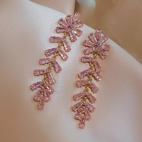Pink Zircon Rhinestone Long Dangle Earrings With 925 Sterling Silver Earring Post Copper Fishbone Tassel Elegant Women