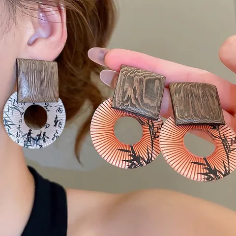 Orecchini Pendenti Orientali Vintage Con Quadrato In Legno E Pendente Rotondo In Resina Stampata 925 Sterling Silver Earring Post Donne