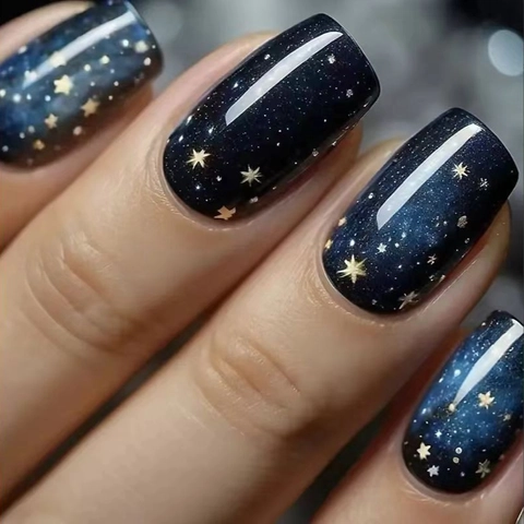 Blau Gradient Sternenhimmel Galaxie Design Künstliche Nägel Zum Aufkleben Mittel Quadratisch ABS Kunststoff Mit Glitzer