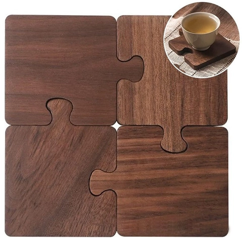Wooden Puzzle Coasters Interlocking Heat Insulated Mats Wood Texture Retro Desktop Decor Home Office Bar