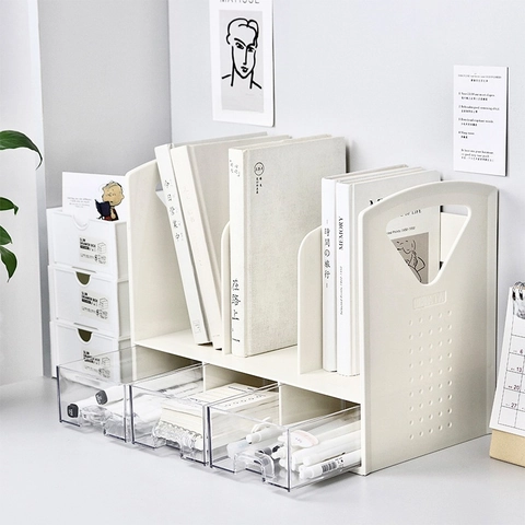 Minimalist Desktop Bookshelf Organizer Plastic Book Stand With Transparent Drawers Multi Compartment Office Storage