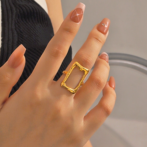 Anillo Rectangular Irregular Acero Inoxidable Ajustable Abierto Textura Fundida Geometría Minimalista Vintage Joyería Dedo