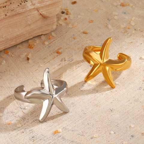 Seestern Verstellbarer Offener Ring Edelstahl Minimalistisch Ozean Sommer Strand Schmuck Damen Trendiger Klobiger Metallring