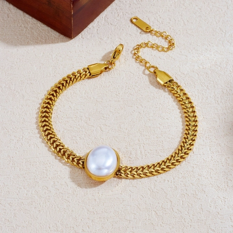 Bracciale In Acciaio Inossidabile Placcato Oro Con Imitazione Perla Artificial Ovale Catena Geometrica Vintage Per Donna Gioielli Eleganti Regolabili