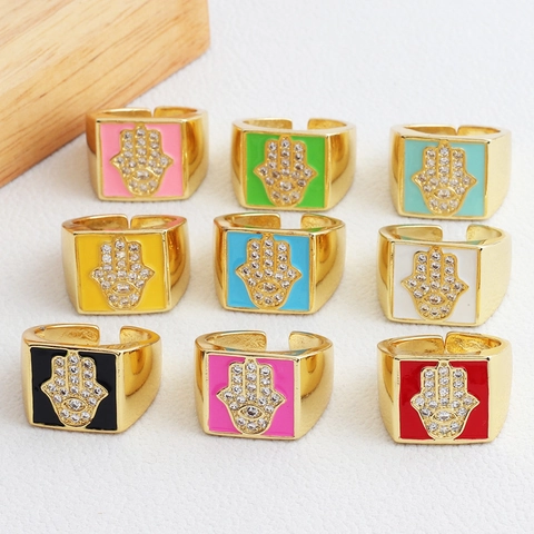 Hamsa Hand Böses Auge Offener Ring Kupfer Vergoldet Quadratisch Emaille Zirkonia Verstellbar Boho Retro Schmuck