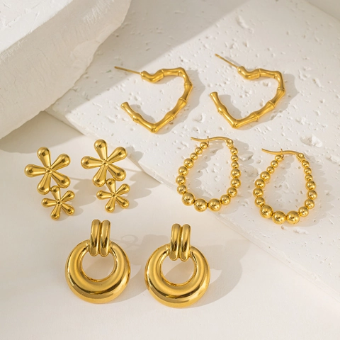 Stainless Steel Earrings For Women Gold Plated Heart Flower Beaded Geometric Hollow Stud Hoop Fashion Jewelry Minimalist