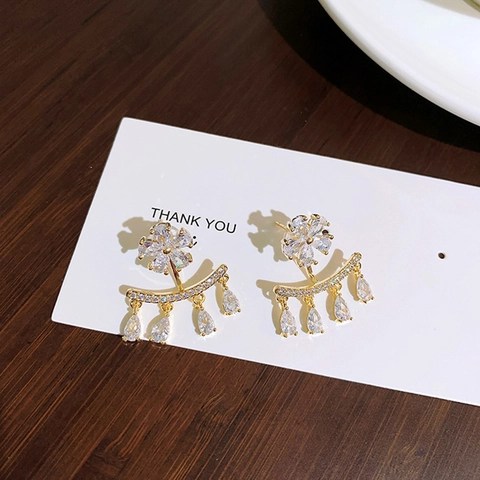 Korean Fashion Zirconia Petal Copper Stud Earrings With 925 Sterling Silver Post Gold Two-Way Wear High End Jewelry For Women