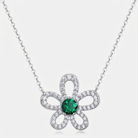 Collana con Pendente a Fiore in Argento Sterling S925 Smeraldo Rubino Lab Intarsiato Strass Retro Lusso Leggero Catena Clavicola Gioielli Donna