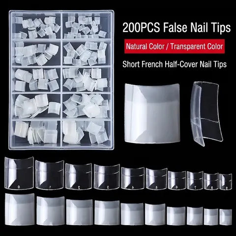 Faux Ongles Français Courts Demi Couverture Tête Carrée Transparent Naturel Pointes Ongles Artificiels Avec Boîte Pour Femmes