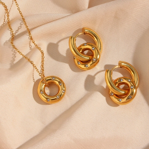 Donut Anhänger Halskette Und Creolen Edelstahl Vergoldet Zirkon Geometrisch Elegant Mode Schmuck Für Frauen