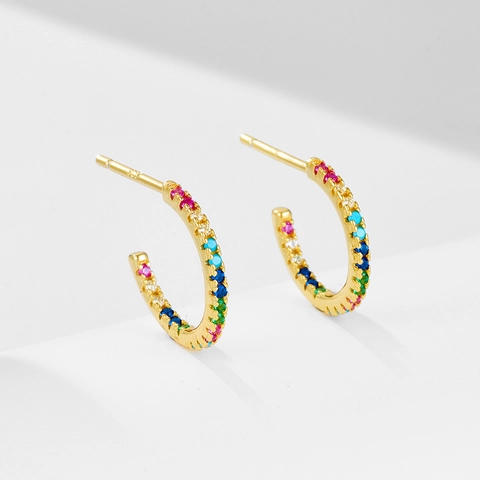 925 Sterling Silver C Shaped Hoop Earrings For Women Rainbow Zirconia Gold Plated Geometric Fashion Minimalist Jewelry Gift