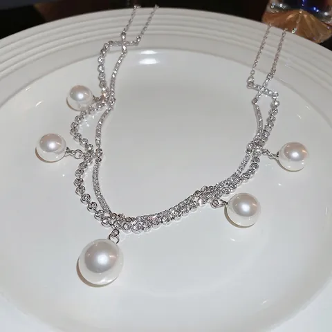 Elegante Collana Doppio Strato Lega Strass Tonalità Argento Pendenti Künstliche Perle Bianche Per Donna Gioielli Matrimonio Festa