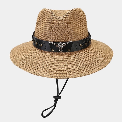 Western Cowboy Hat Straw Sun Protection Breathable Retro Bull Head Metal Decor Leather Belt Adjustable Wind String