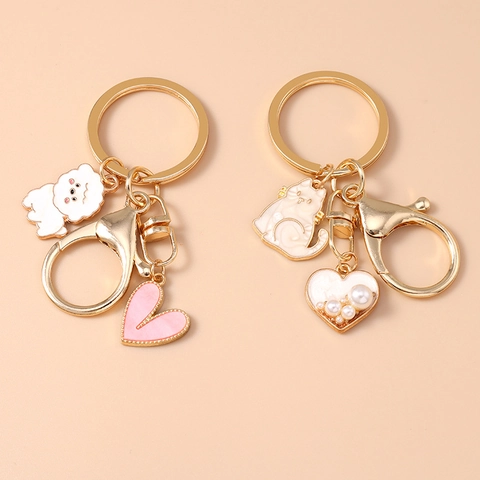 Cute Zinc Alloy Cartoon Lamb Cat Keychain Heart Animal Key Ring Enamel Pendant Gold Artificial Pearl Keychain Women Backpack Accessories Gift