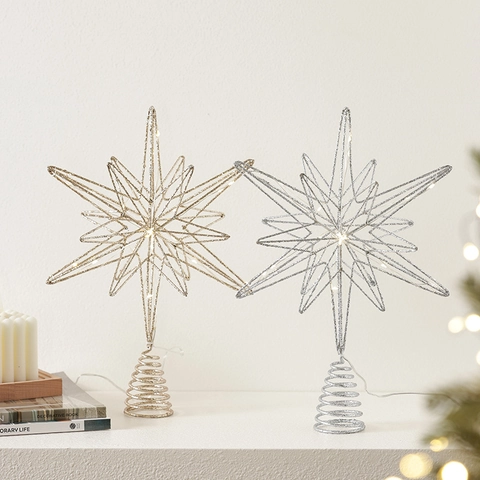 LED Lighted Christmas Tree Topper Star Iron Glitter Octagonal Star Decoration Battery Operated Festive Holiday Ornament