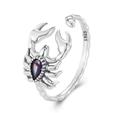 925 Sterling Silver Scorpion Open Ring Vintage Dark Gothic Adjustable Zirconia Insect Finger Ring For Men Women Jewelry
