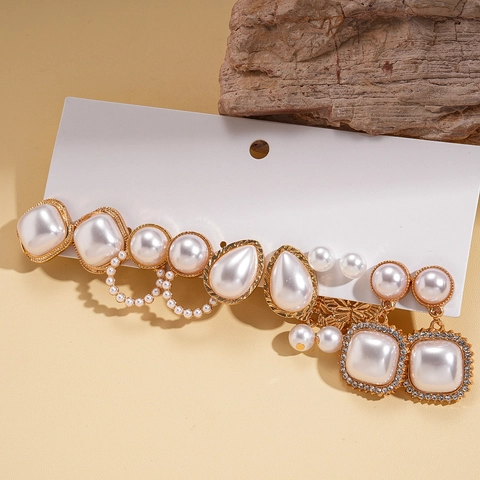 Vintage Geometric Imitation Artificial Pearl Drop Stud Earrings Alloy Rhinestone Elegant Jewelry With Steel Earring Post