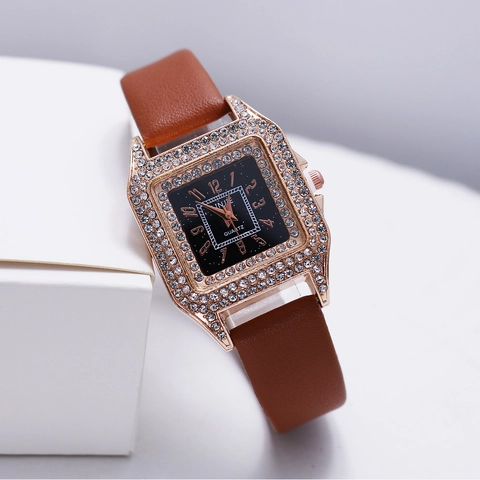 Elegante Orologio Al Quarzo Da Donna Cassa Quadrata Con Strass Cinturino In Pelle PU Numeri Arabi Orologio Da Polso Analogico