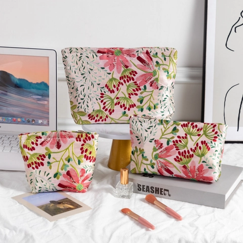 Borsa Trucco Jacquard Floreale Portatile Grande Capacità Viaggio Necessaire Stile Vintage Per Donna Con Cerniera
