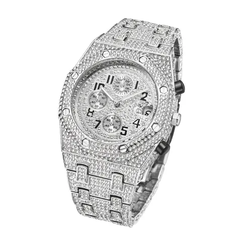Men Chronograph Quartz Watch Full Rhinestone Iced Out Hip Hop Fashion Sporty Waterproof Wristwatch With Date Display