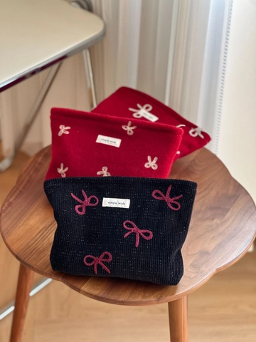 Damen Clutch Mit Schleifenstickerei Wollstoff Make-Up Organizer Tragbare Reisehandtasche Eleganter Süßer Stil