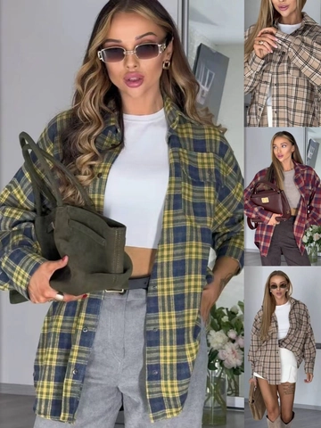 Women Vintage Plaid Long Sleeve Shirt Loose Fit Button Down Blouse With Pocket Cotton Polyester Blend