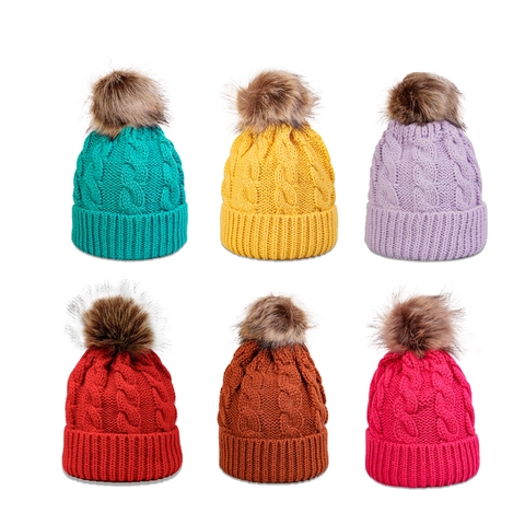 Damen Winter Strickmütze Zopfmuster Warm Dick Kunstfellbommel Chic Acryl Einfarbig Outdoor Alltag Unisex Mütze