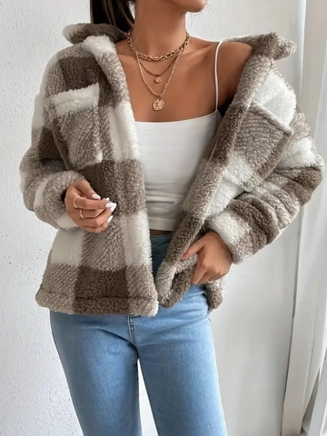 Chaqueta Sherpa De Cuadros Mujer Forro Polar Solapa Manga Larga Botones Bolsillo Casual Cálido Invierno Exterior