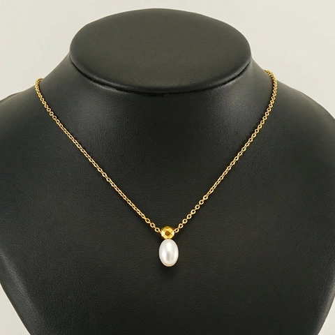 Artificial Pearl Pendant Necklace 18K Gold Plated Stainless Steel Water Drop Shape Geometric Bead Elegant Minimalist Jewelry For Women