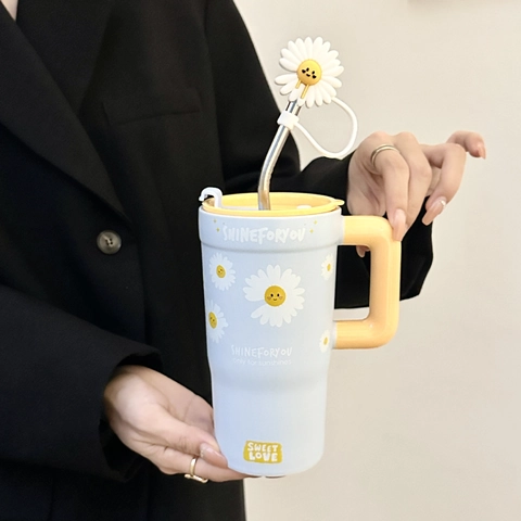 Keramikbecher Mit Großer Kapazität Deckel Griff Metallstrohhalm Niedliches Cartoon-Muster Tragbare Trinktasse Geschenk Für Frauen