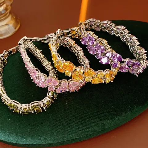 Double Layer Teardrop Zircon Bracelet Copper Shiny Pear Cut Rhinestone Elegant Fashion Jewelry For Women