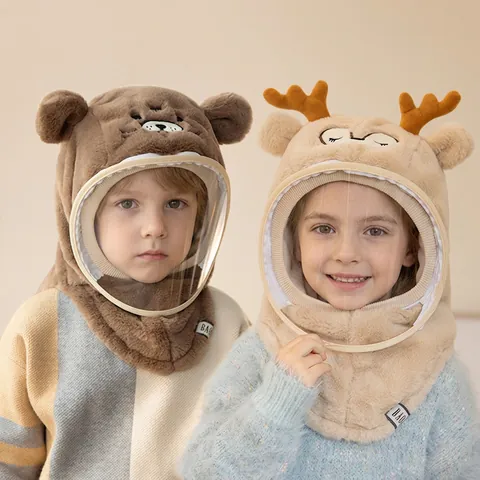 Kids Winter Plush Integrated Hat With Transparent Shield Windproof Warm Animal Ear Protection Hood Neck Warmer For Boys Girls