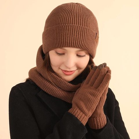 Bonnet D'Hiver Cache-Col Gants Écran Tactile Tricot Acrylique Doublé Polaire Thermique Extérieur Temps Froid Unisexe