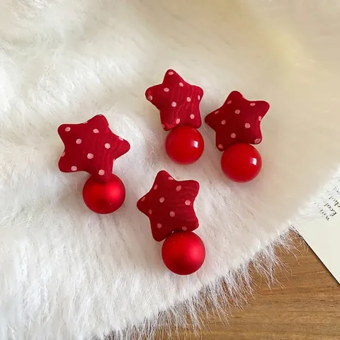 Red Fabric Polka Dot Star Dangle Earrings With Silver Earring Post Round Acrylic Bead Drop Sweet Christmas Jewelry Women