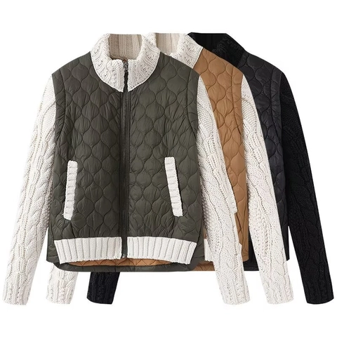 Veste Matelassée Patchwork Femmes Manches Longues Tricotées Col Montant Fermeture Éclair Manteau Rembourré Décontracté Chaud Couleur Unie