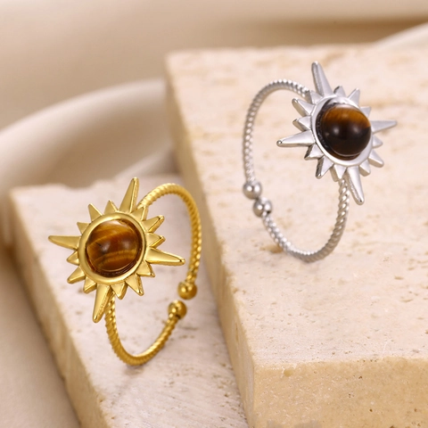 Anillo Solar Bohemio de Acero Inoxidable Con Banda Trenzada Piedra Natural Inlay Joyería Ajustable Regalo Unisex