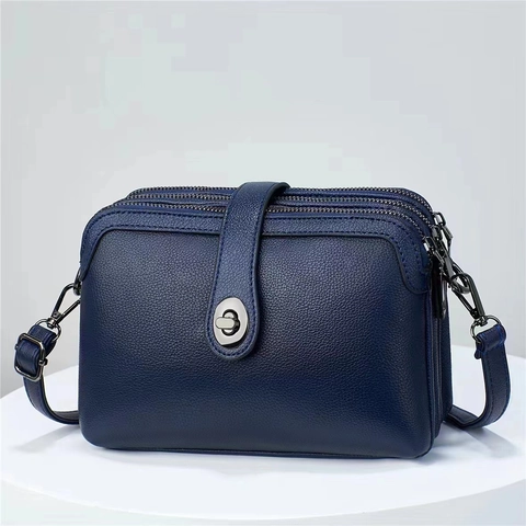 Lychee Texture PU Leather Crossbody Bag Triple Zipper Multi Compartment Shoulder Bag With Metal Twist Lock Simple Retro