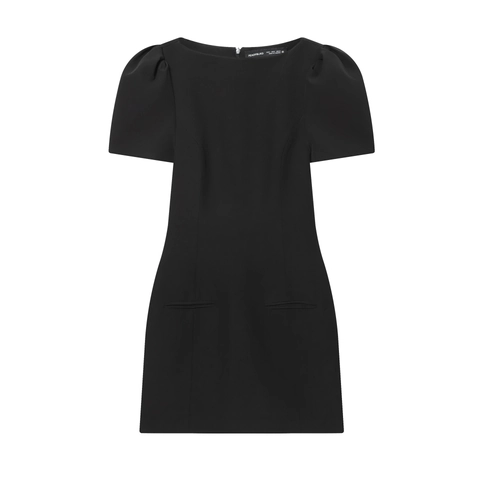 Puff Kurzarm Minikleid Acetat Satin Polyester Rundhalsausschnitt Slim Fit Hohe Taille Mit Taschen Elegant Für Damen