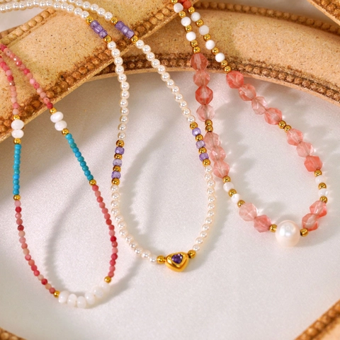 Collana di Perline in Pietra Naturale Fatta a Mano per Donna Acciaio al Titanio Placcato Oro Perla Artificiale Cuore Strass Ciondolo Gioielli