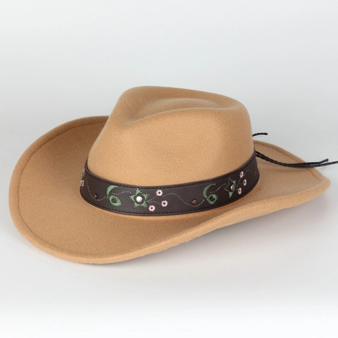 Chapeau Cowboy Western Feutre Laine Bord Large Vintage Fedora Avec Bande Cuir Brodée Et Rivets Pour Femmes Hommes
